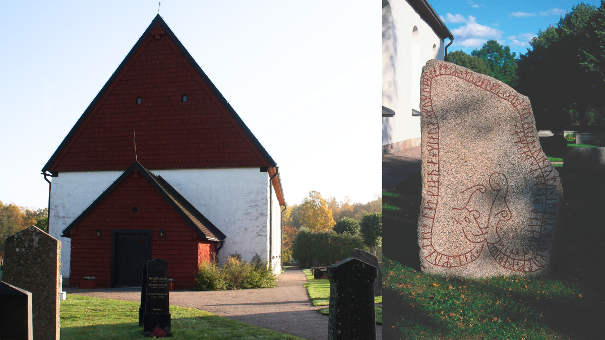 En runsten och en kyrkobyggnad