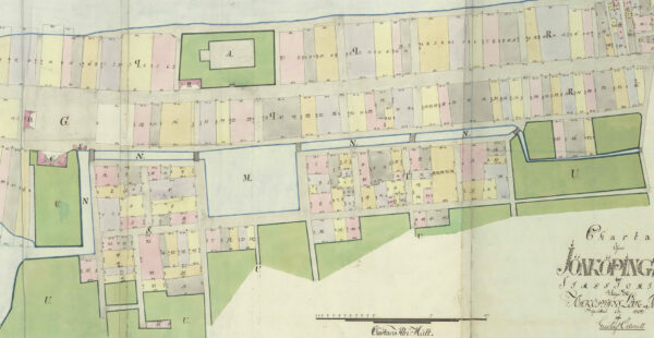 Karta över Jönköping 1802 som visar kanalens läge.