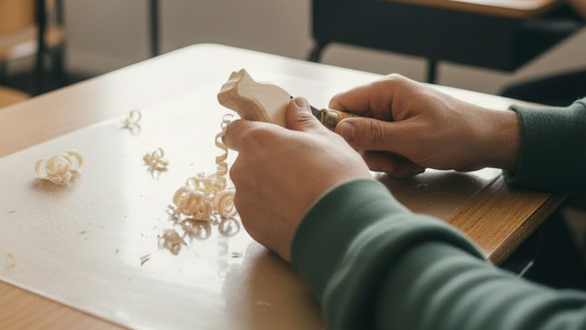 Händer som täljer i trä